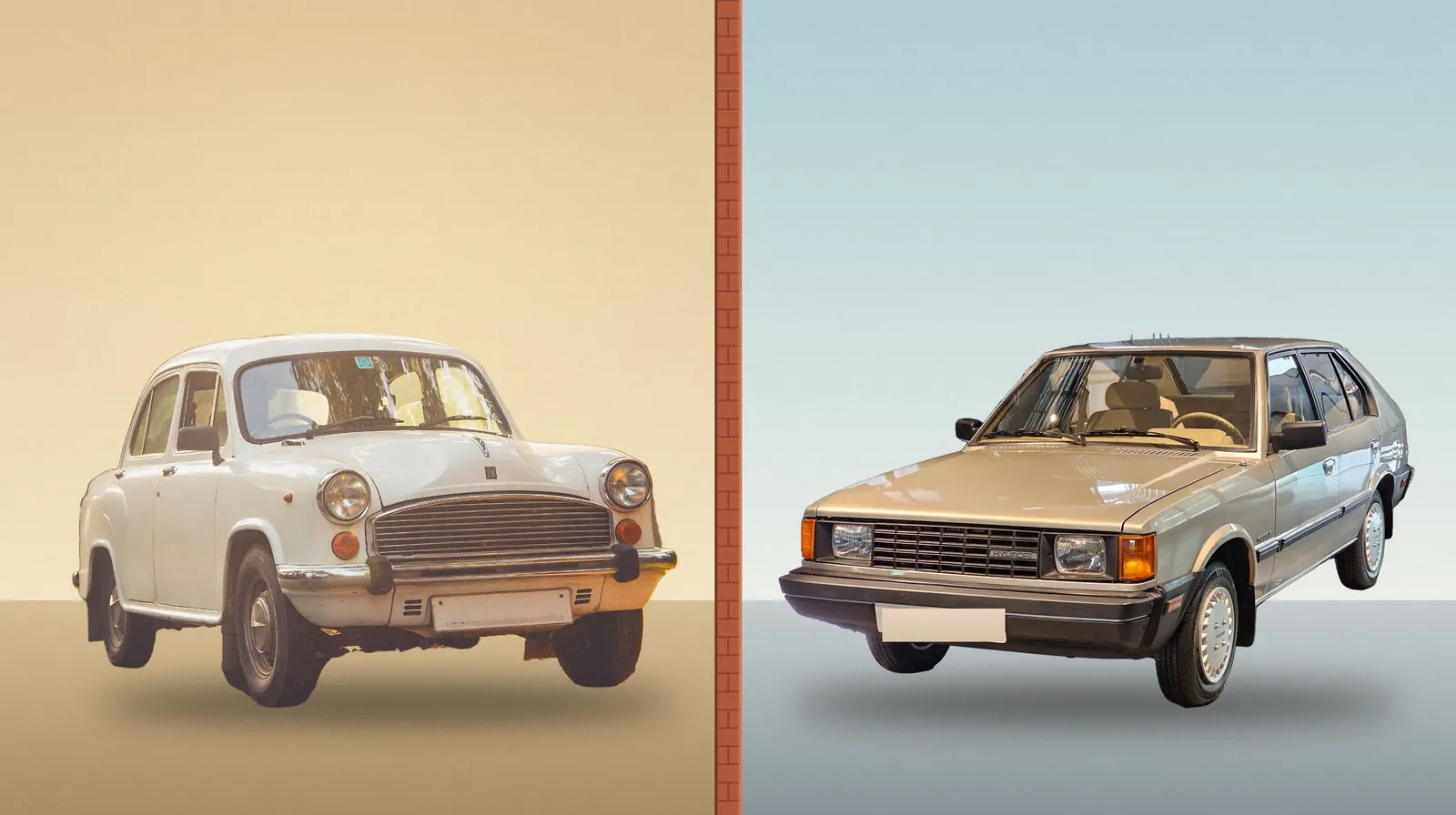 A white Hindustan Ambassador and a bronze Hyundai Pony, set side by side and divided by a brick pillar