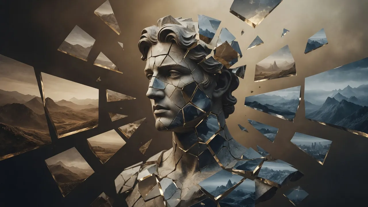 A classical marble bust breaking apart into shards, each shard showing a fragment of a mountain landscape